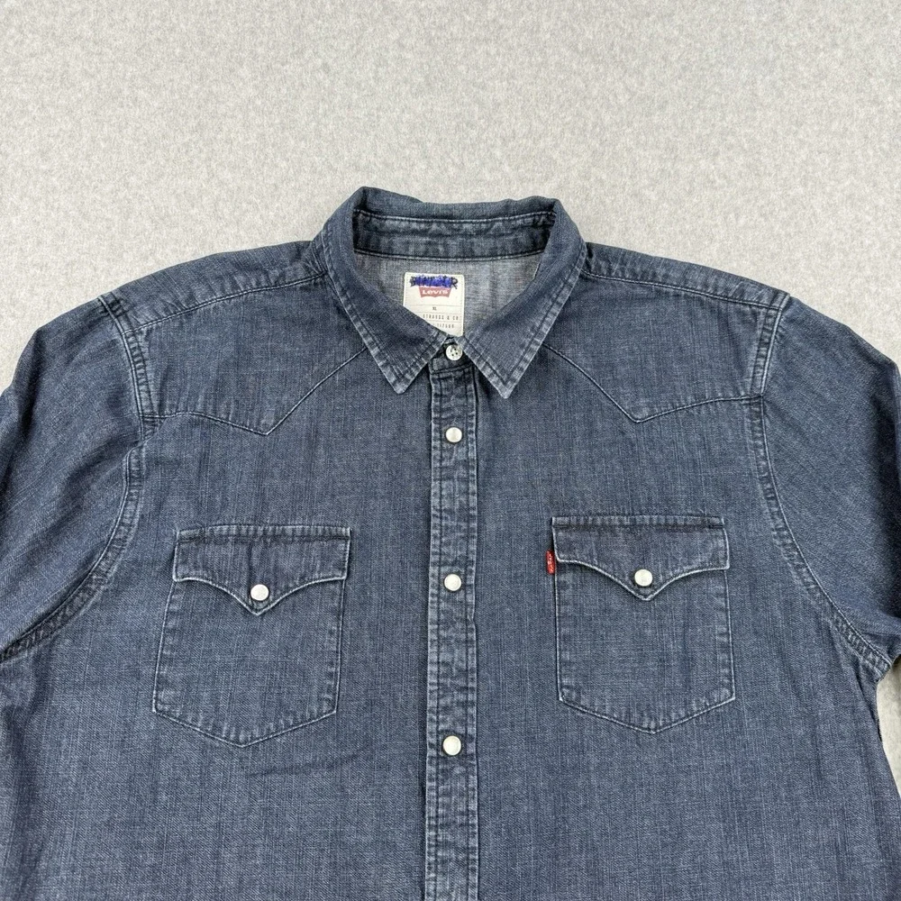 Levis Shirt Mens XL Blue Denim Pearl‎ Snap Long Sleeve Western Rodeo Pockets